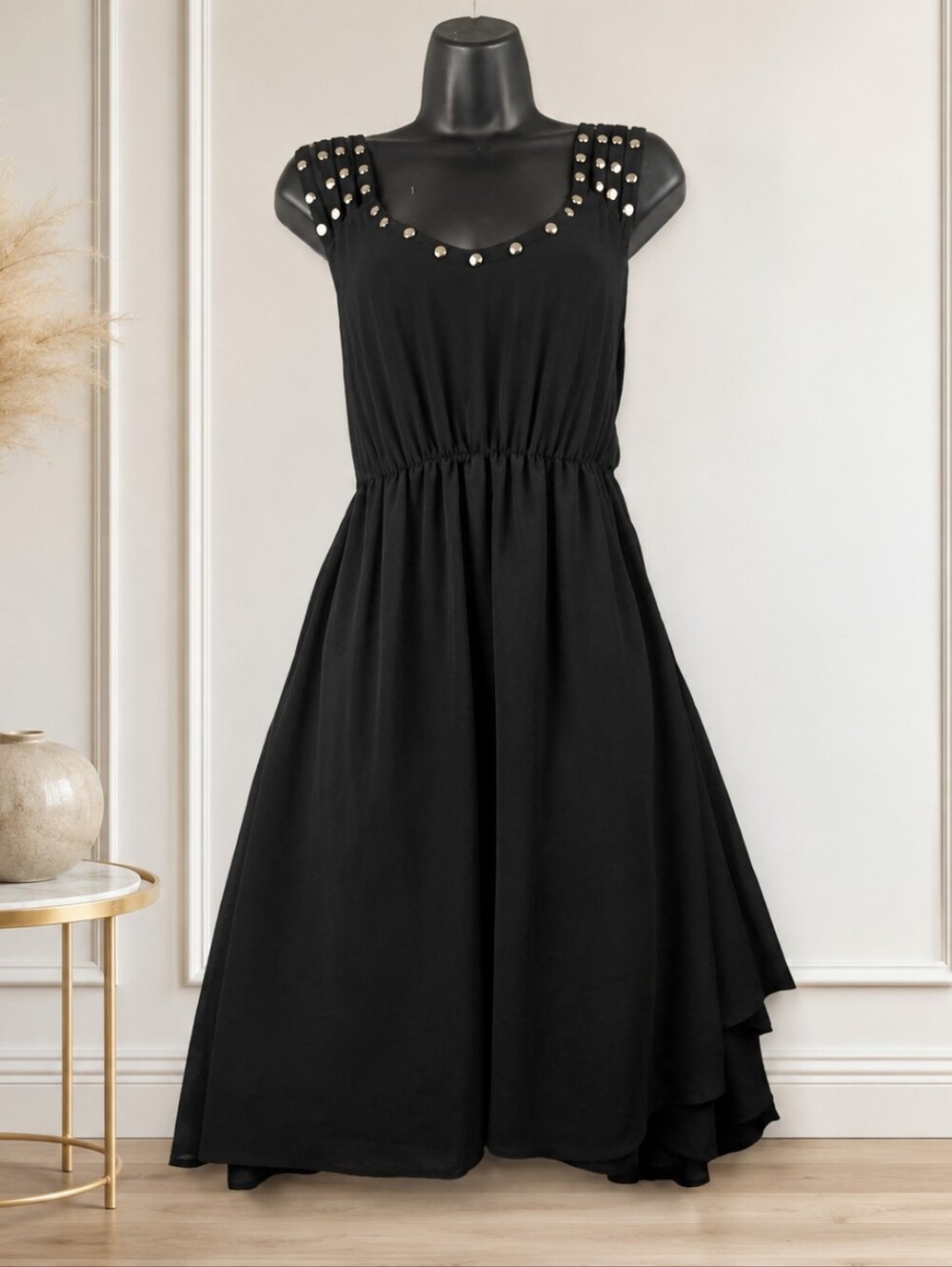 Torrid Black Studded Fit Flare Midi Dress Women’s 0 12 Layered Hem Party